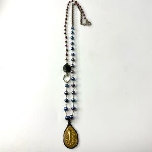 Vintage Brass Diamond Shaped Pendant Necklace, Asymmetrical Blue Pearl and Garne